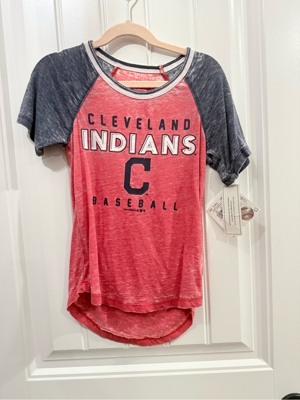 Cleveland Indians Kids Raglan Tee - Red with Navy Sleeves